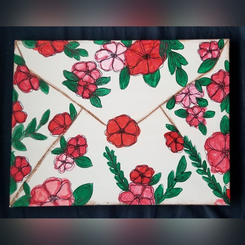Handmade "Red floral love letter" orginal painting by me on 8x6 canvas